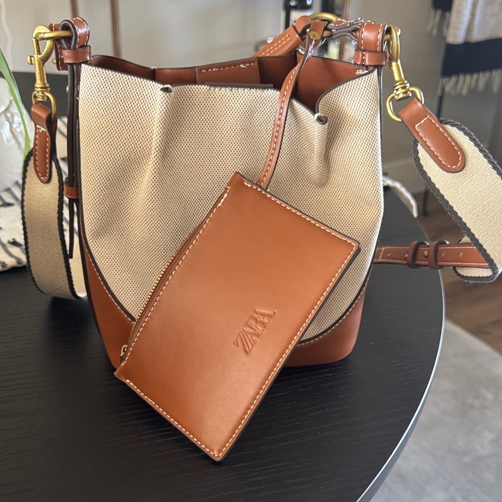 Zara Beige Canvas & Tan Leather Bucket Shoulder Bag with Pouch